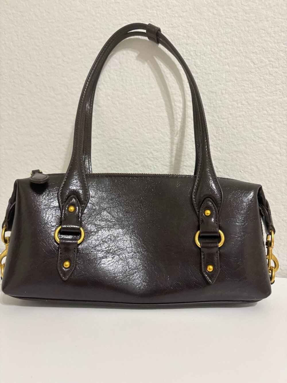 Zara Shoulder Bag with Metal Details Distressed Burgundy Brown East West Bag